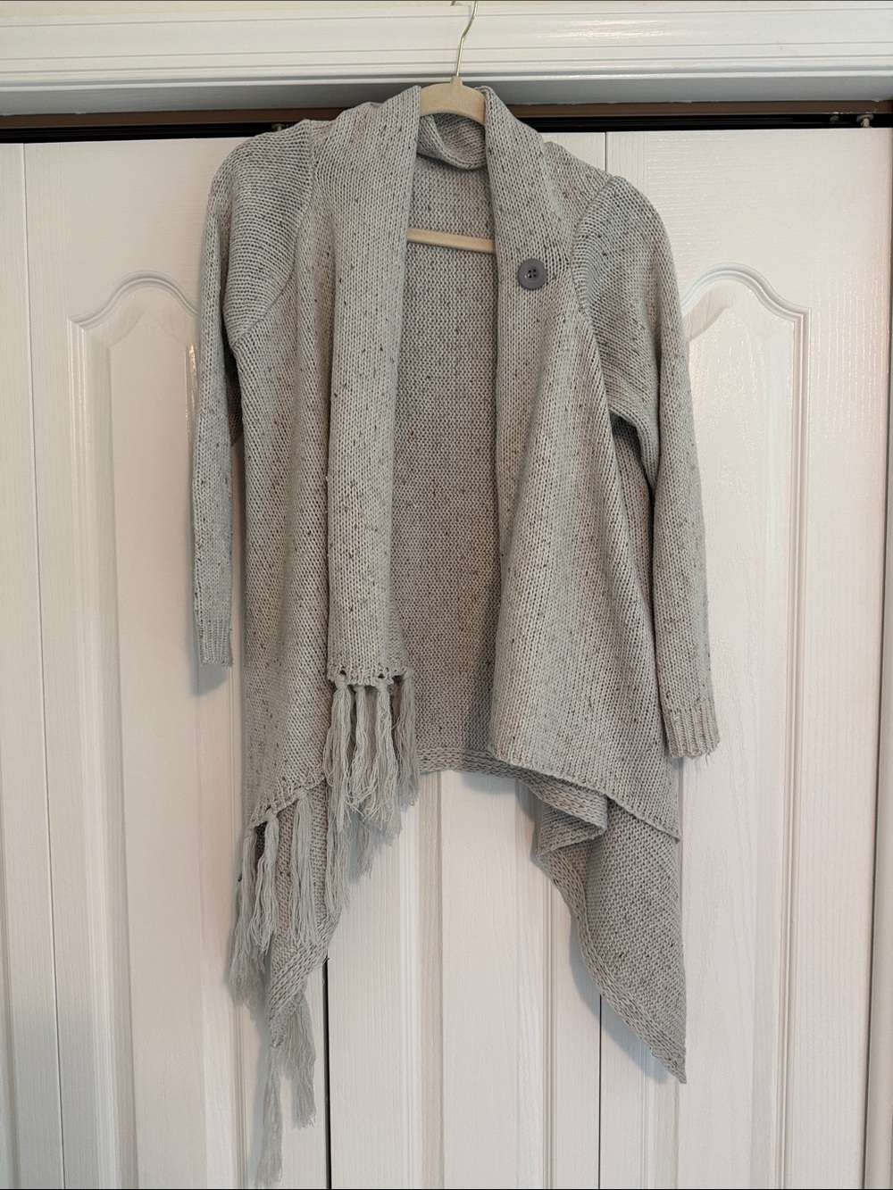 Light Gray Open-Front Fringe Knit Sweater Cardigan